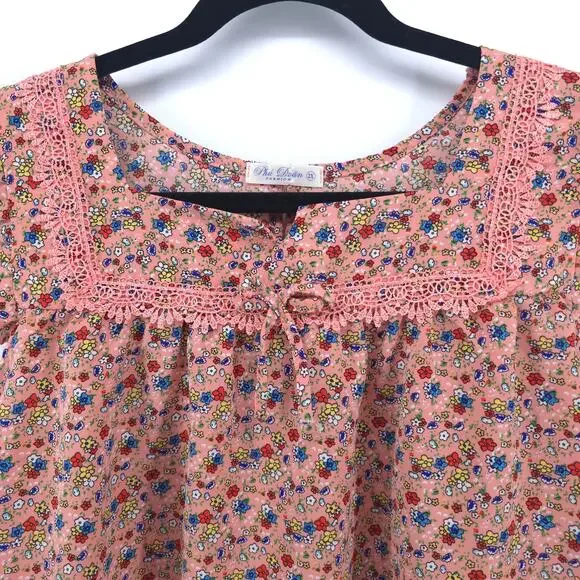 Womens Cottage Micro Floral Babydoll Tee Flutter Sleeve Lace Bow Keyhole Back S - Picture 4 of 11